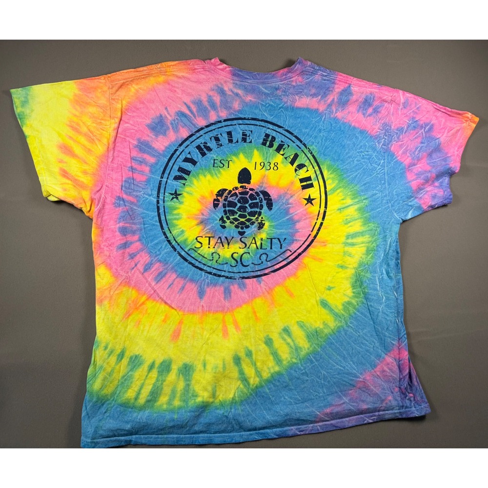 Gildan Myrtle Beach Stay Salty Tie Dye T-Shirt 2XL Rainbow Sea Turtle Graphic
